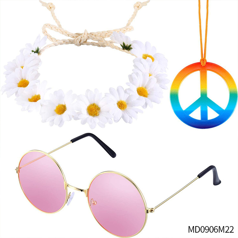 Accesorios de vestir hippies de la década de 1960, diadema de girasol, gafas redondas, conjunto de aretes de collar de talismán de paz