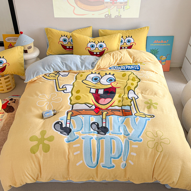 Spongebob Squarepants Milk Fleece Four-piece Set Thickened Winter Coral Fleece Quilt Cover Children's Cartoon fleece-lined Bed Sheet Three-piece Set