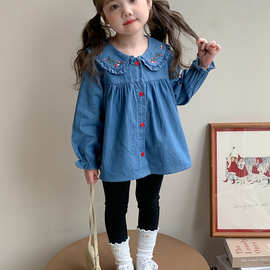 女童衬衫春秋2025新款儿童秋季洋气休闲女宝宝娃娃领牛仔外套秋装