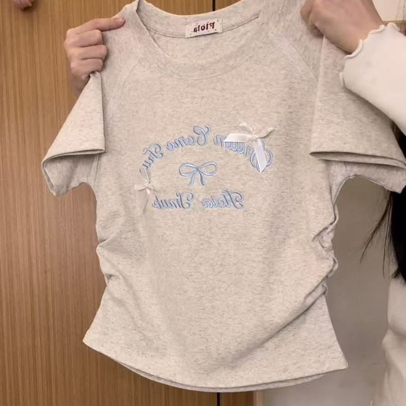 2025 夏刺繍レターリボンレースラグラン半袖 Tシャツレディースカレッジスタイルウエストショートトップトレンディ|undefined