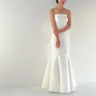 French-Style Light Wedding Satin Simple and Elegant Niche Stunning Strapless Seven-Piece Mermaid Banquet Evening Dress White