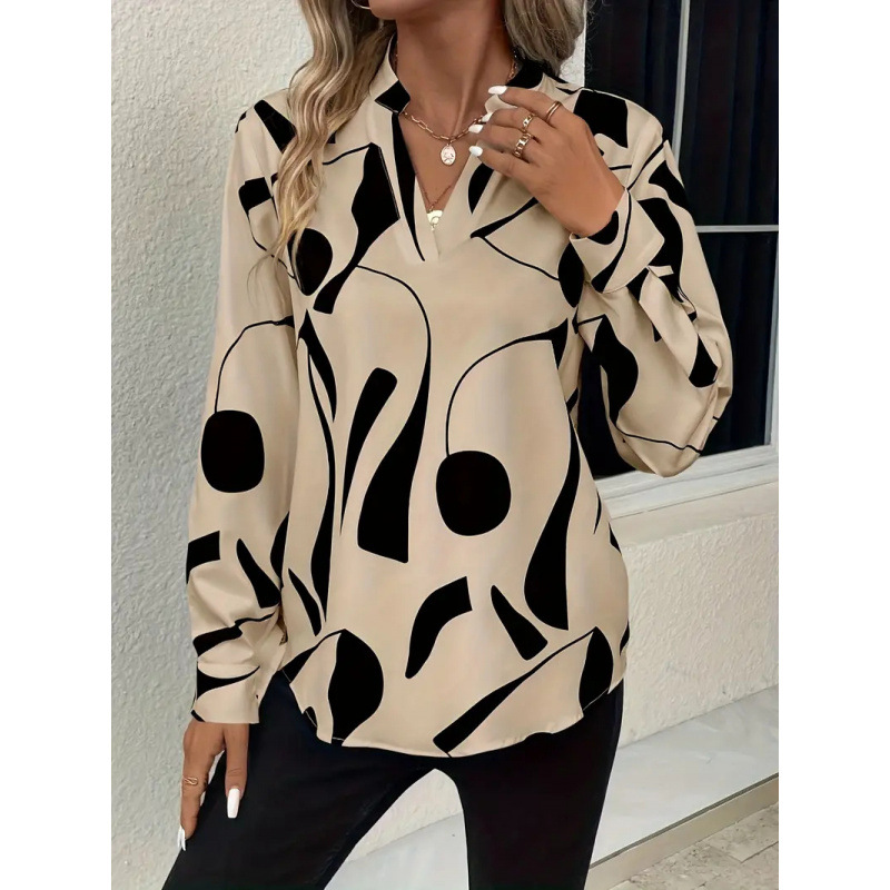 Spot Amazon European and American Cross-Border Wish Export Women's Clothing Printed Notch Collar Shirt Casual Long-Sleeved Shirt Top
