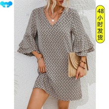 Women's Printed Neck Flared Seven Sleeve DressesŮװӡ