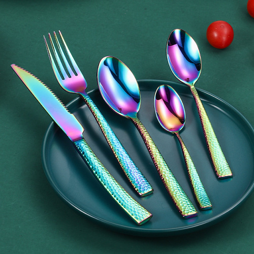 304 Stainless Steel Cutlery Set Square Handle Hammered Pattern Knife Fork Spoon Set Steak Knife Fork Western Dinner Spoon Gift Box