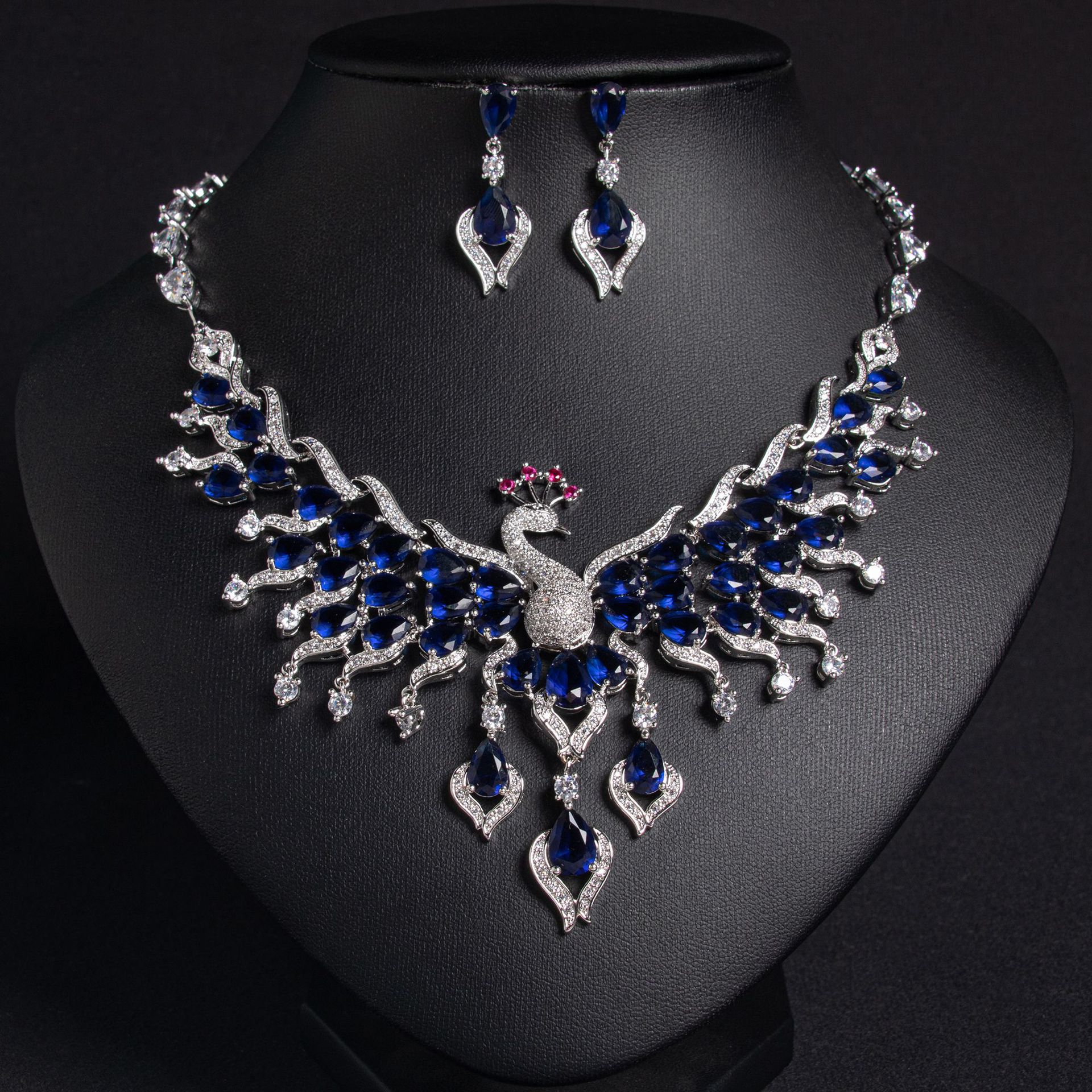 ethnic style bride zircon peacock shape earrings set tassel colorful clavicle necklace jewelry set_voghion.com