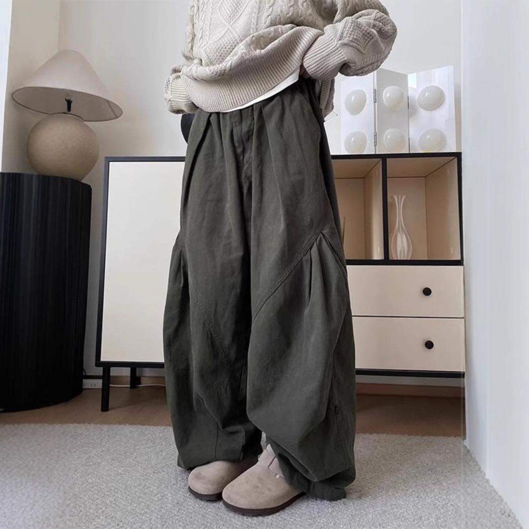 春秋日系咖啡色休闲裤男女学院风工装阔腿裤百搭褶皱直筒宽松长裤
