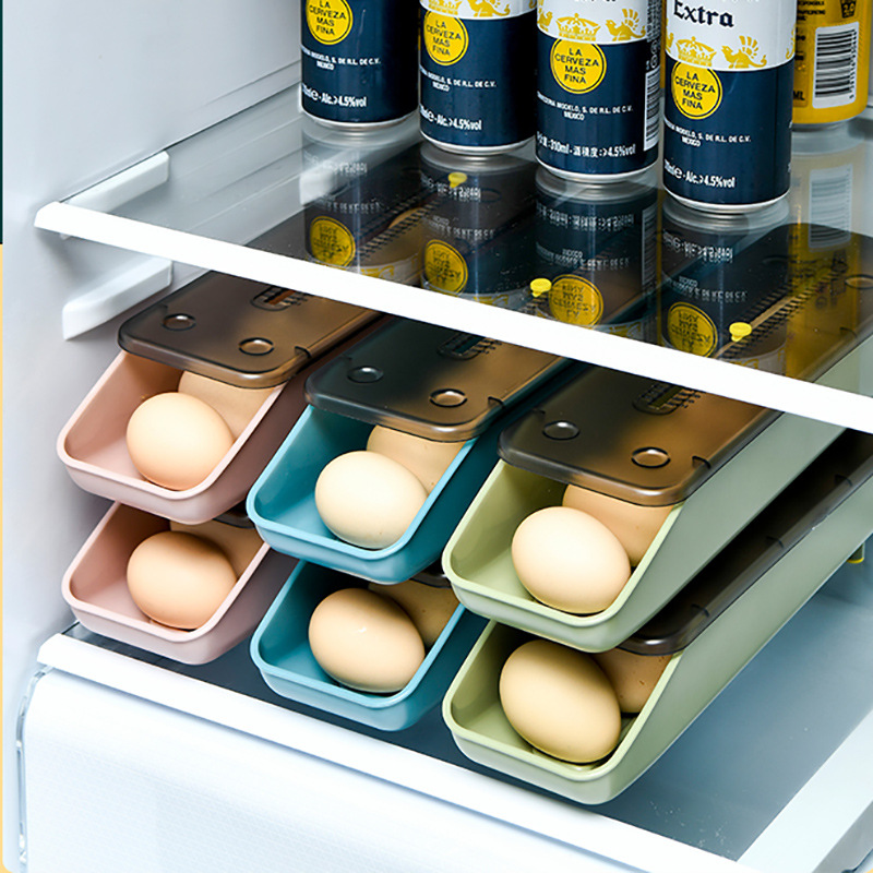 Refrigerador caja de almacenamiento de cocina caja de preservación de huevo creativo rodante bandeja de huevo congelador caja automática de rodillos de huevo Tipo de cajón