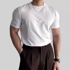 英伦雅痞男装夏季t恤小领口修身短袖显肌肉西装内搭外贸跨境批发