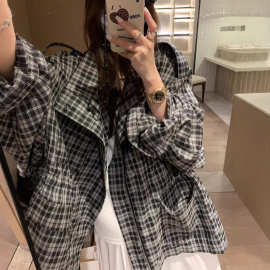 小众设计师款复古经典格子灯笼袖抽绳休闲衬衫女慵懒松弛感上衣