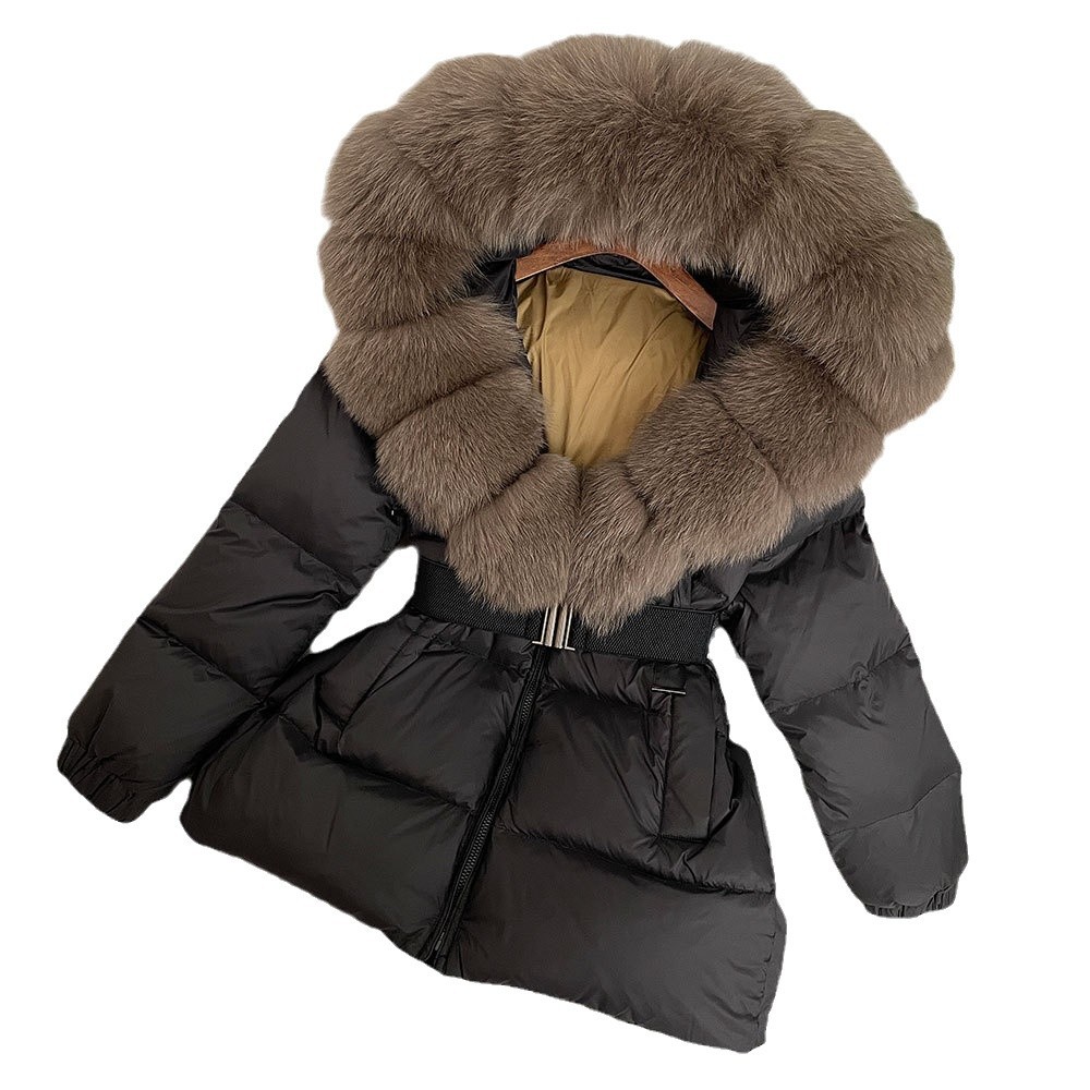 Abbigliamento da donna Inverno Caldo Moda Oversize Collo in vera volpe Cappuccio Giacca in piumino d'anatra bianca Pelliccia_voghion.com