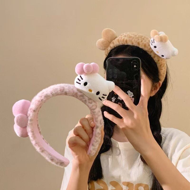 粉色豹纹Kitty蝴蝶结海绵毛绒发箍女可爱百搭头箍洗脸发卡高颅顶|undefined