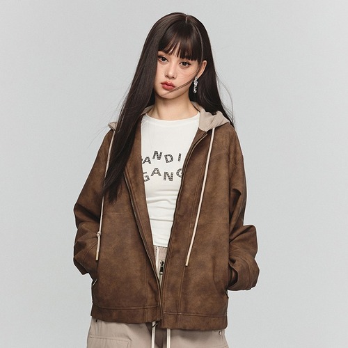 Autumn/Winter American Style Leather Jacket with Pockets, Biker Jacket, Hooded Sweatshirt, Unisex, High-end Feel