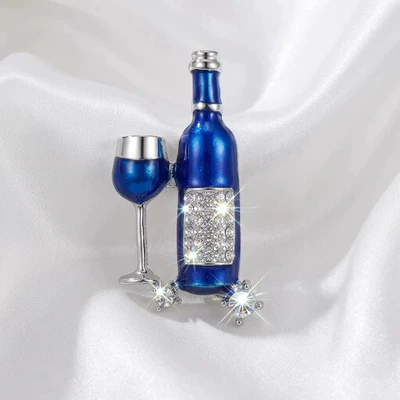 Fun Wine Bottle and Goblet Brooches, Multi-Color Mixed Enamel and Rhinestone Pins, Unique Designer Fashion Accessories (Yaxa sancaqları) - blue