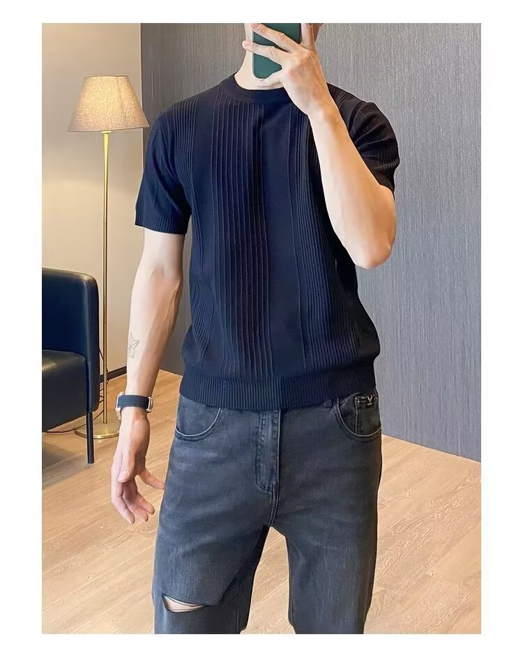 Men's Slim Fit Ice Silk Knit T-Shirt Short Sleeves Round Neck Summer Style Vertical Stripes Mature Simple Design_viptrois.com