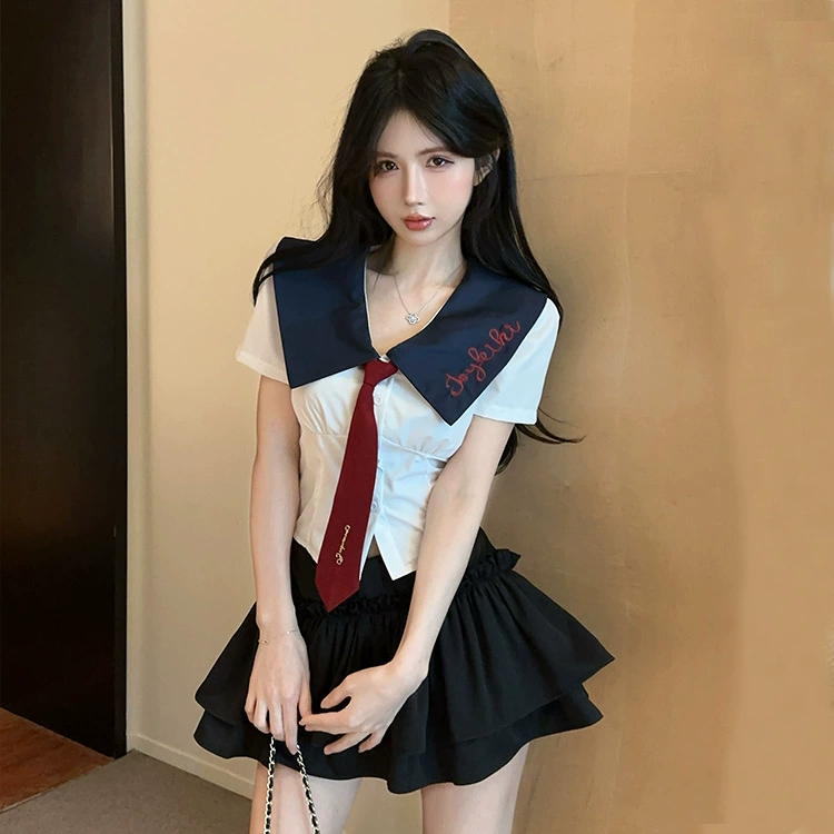 Корейский сладкий и пряный школьный стиль jk униформа для маленьких женщин с короткими рукавами топ с высокой талией торт брюки юбка из двух частей