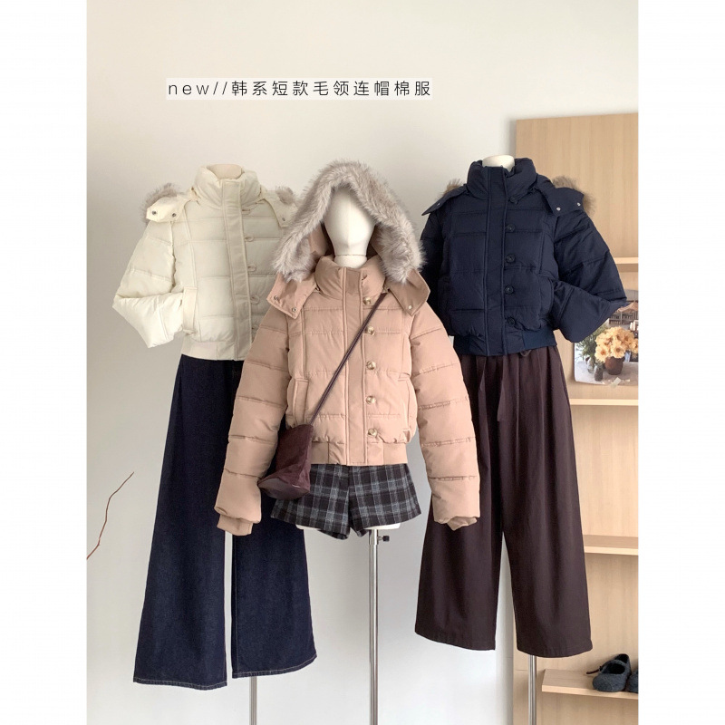 塞纳韩系减龄大毛领连帽棉服外套女2025冬季加绒加厚面包服棉衣