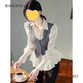 漂亮白色灰色拼色雪纺衬衫2025春季新款法式收腰感上衣女