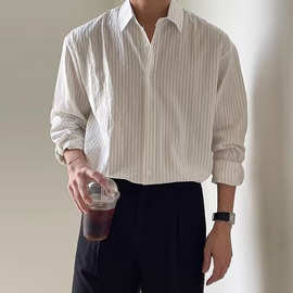 小众痞帅条纹衬衫男高级休闲衬衣日系春秋款长袖百搭外套复古外穿