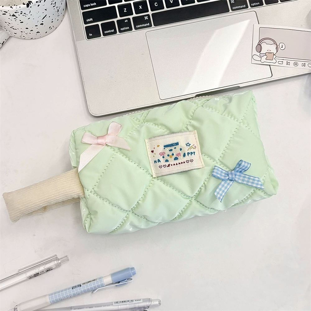Capacious Pencil Case, Handheld Storage Bag with Bow Accent, Quilted Design, Multiple Colors