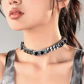 美式街头风粗链条牛仔布颈链镶钻墨镜爱心吊坠小众个性Y2K辣妹风