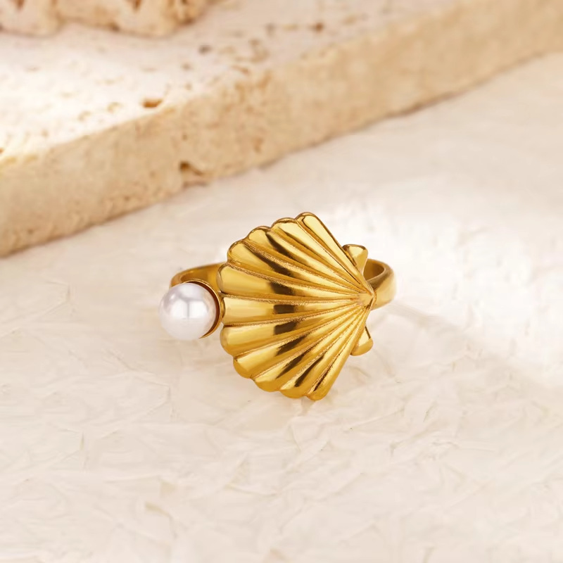 Adjustable Ring Size PVD Coated Real Gold Plated Starfish Shell 304 Stainless Steel Elegant Lady Waterproof Non Tarnish Open Rings
