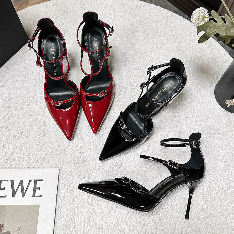 529-8 Height 8cm Pointed Toe Strap Socialite Internet Celebrity Style Three Pairs of Thin Strap Patent Leather Hollow Sandals High Heels