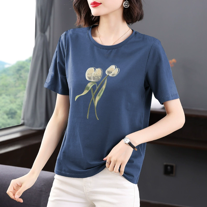 Мама средних лет с короткими рукавами футболка женская 2024 новый повседневный дикий округлый воротник рубашка свободный темперамент женский топ