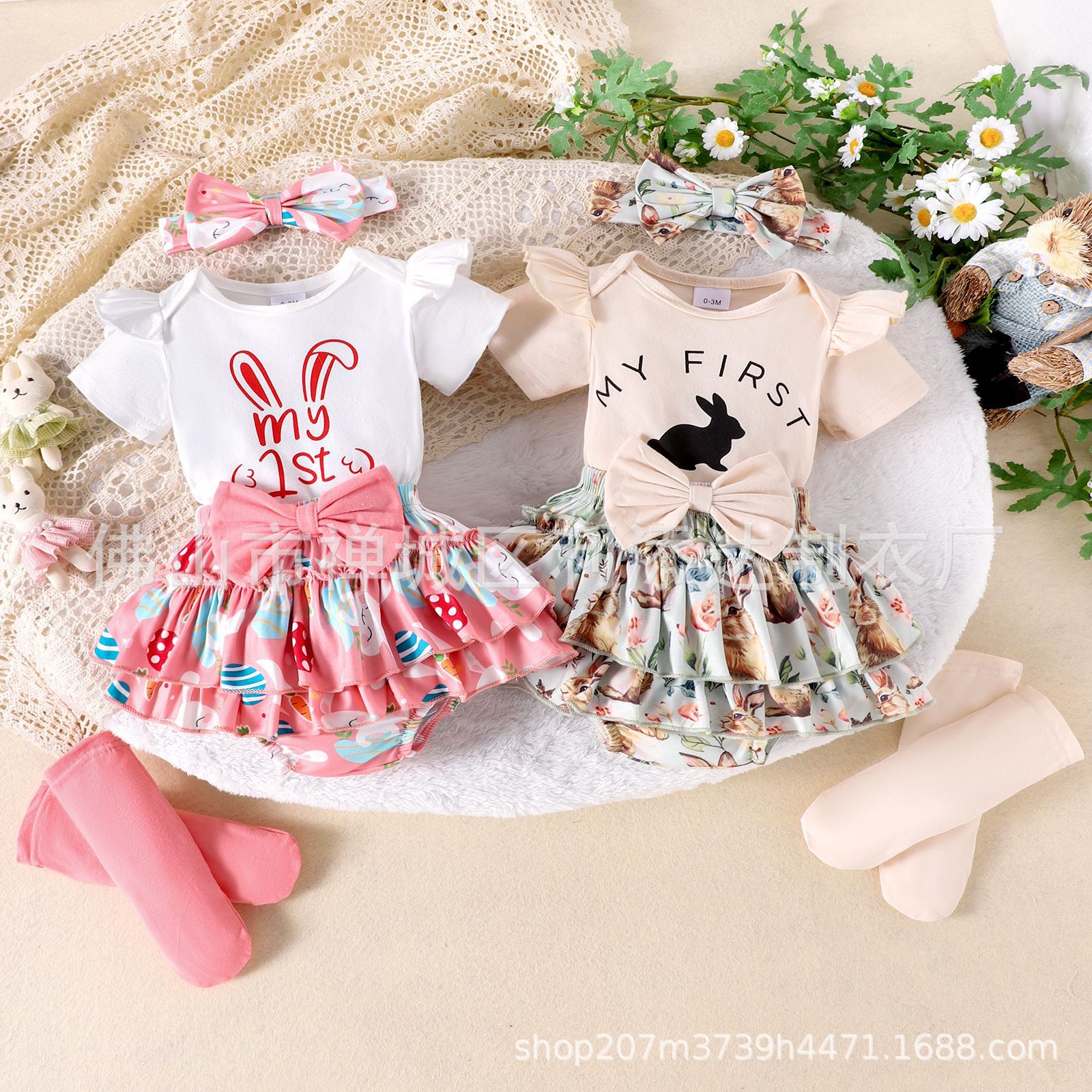 Children's clothing cross-border girl baby summer suit-year-old rabbit printed short sleeve khaki + shorts suit
