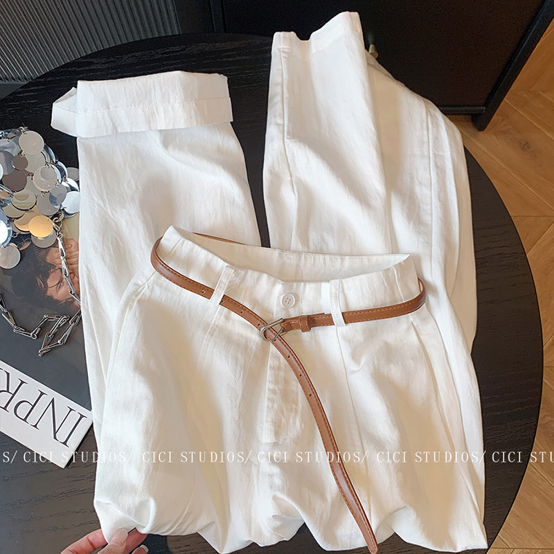 Old Money Style White Textured High-Waisted Wide-Leg Pants for Women, Summer 2026 New Versatile Korean Version Drapey Casual Straight-Leg Pants