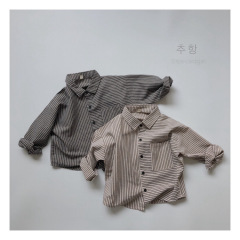 Children's Korean striped shirt autumn and winter new style for boys and girls cotton and linen casual long-sleeved shirts and jackets with a forest style