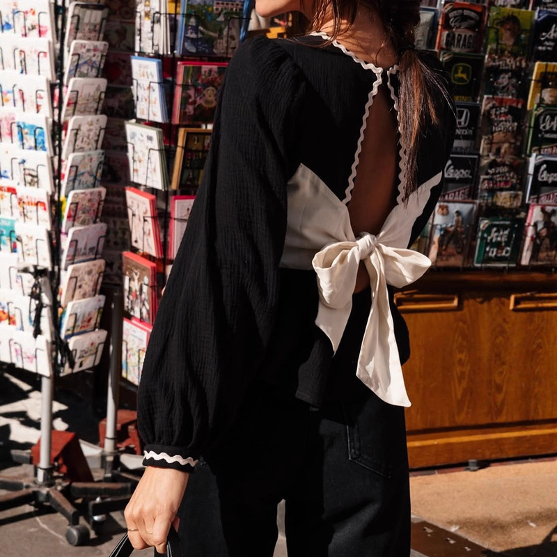 European and American Cross-Border Women's Long-Sleeved Shirts, Women's Backless Strappy Bow Tops, Solid Color Lace Splicing Shirts