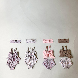 [2025儿童泳衣连体蝴蝶结中小童婴幼儿分体比基尼泳装女童韩版碎花]