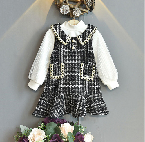  New Autumn Girls Set Korean Style Dress Baby V-Neck Dress Cute Little Fragrance Long-Sleeve Two-Piece Set