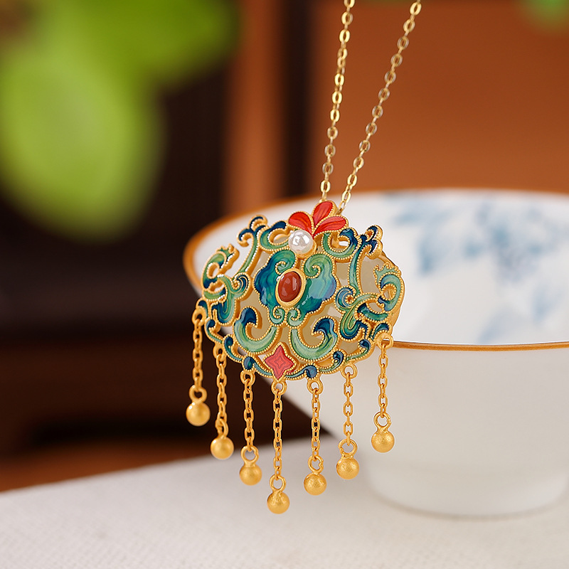 Mặt dây chuyền bạc S925 mạ vàng hình hươu bạc, ngọc bích Hòa Điền, tua rua, mây Ruyi may mắn — Phiên bản mạ bạch kim (không có chuỗi)