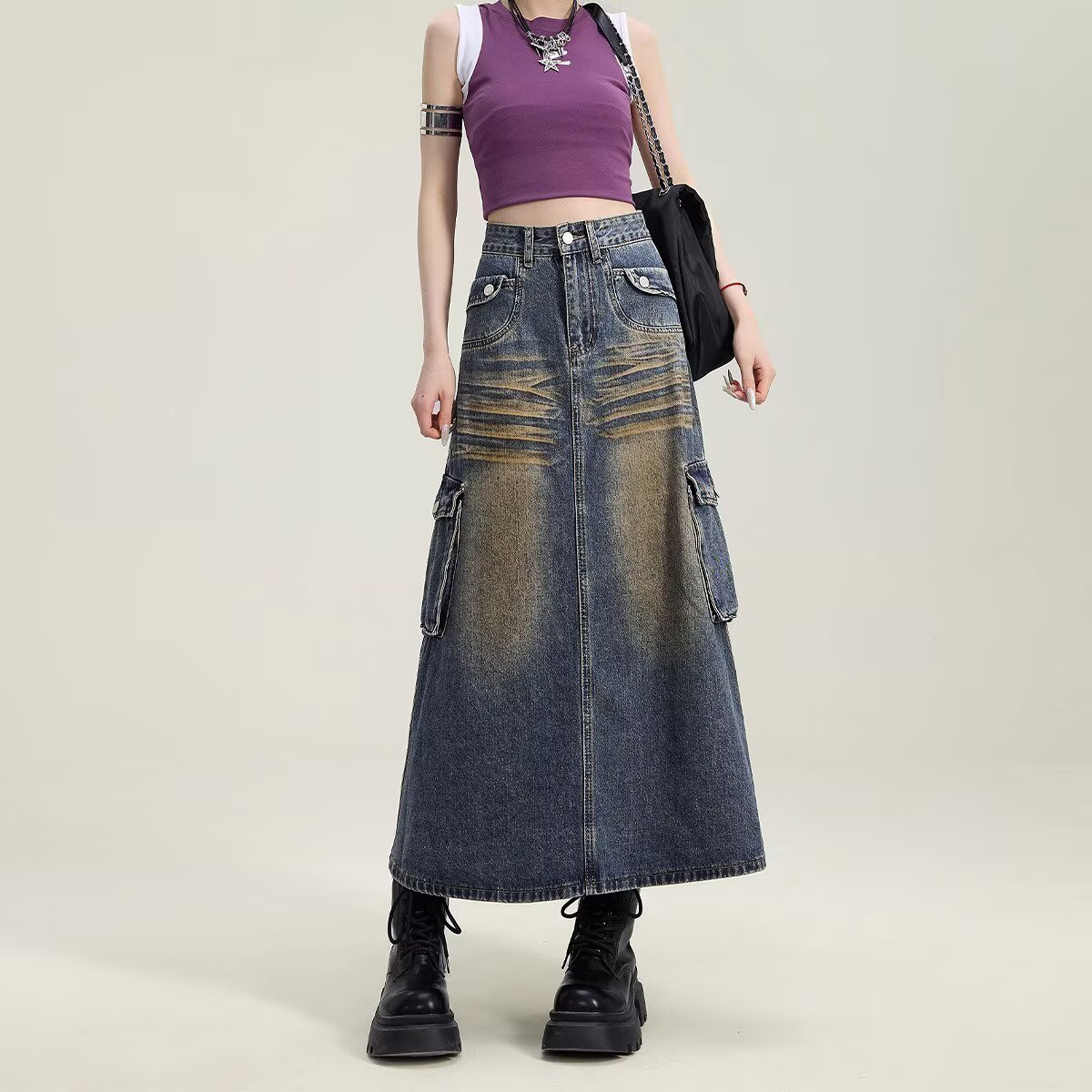 Retro High-Waisted A-Line Denim Skirt for Women Spring New Mid-Length Small Slit Hip-Covering Long Skirt Trendy