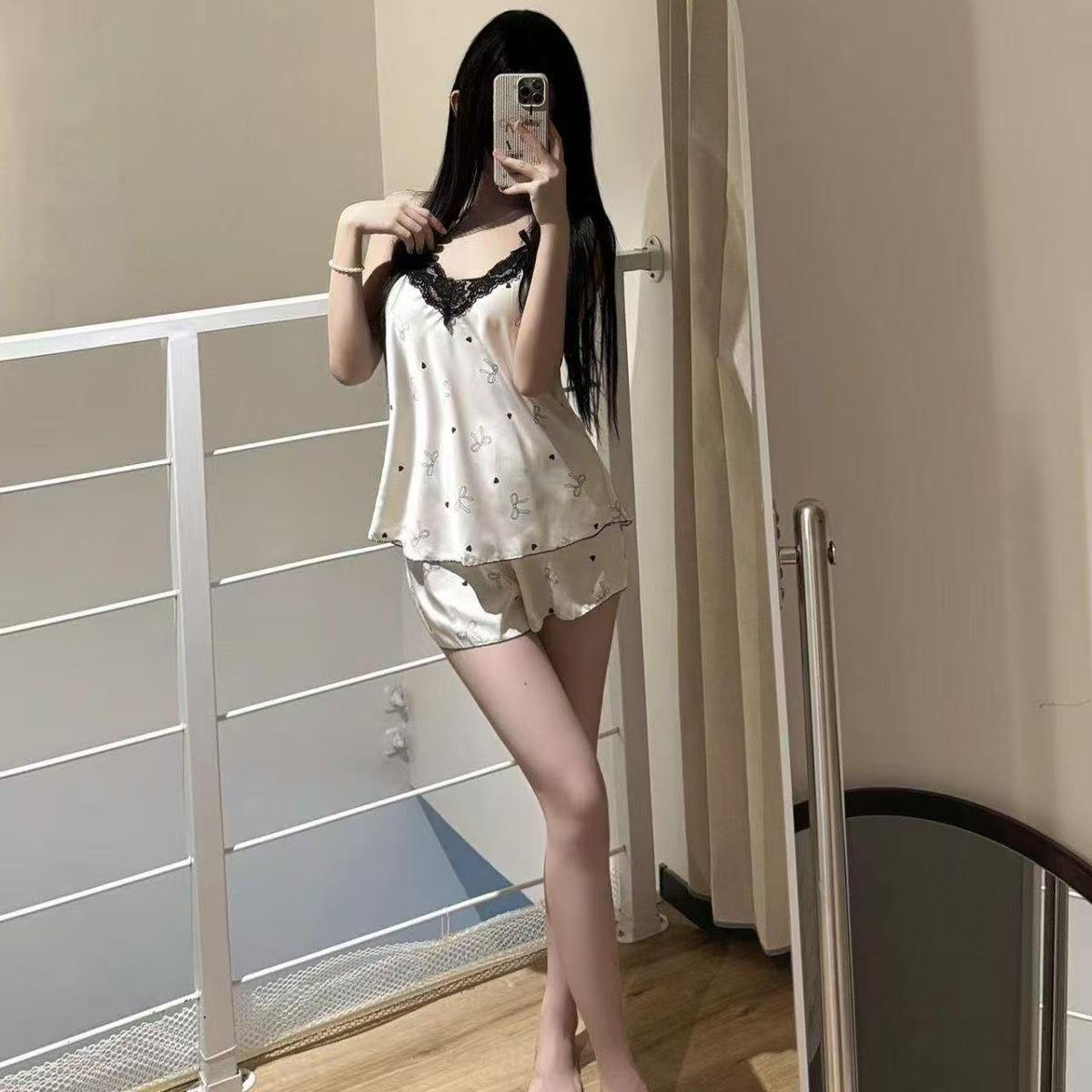 French-Style Sweet Cartoon Pajama Set for Women, Ice Silk Camisole and Shorts Loungewear with Lace Trim — detail image 6