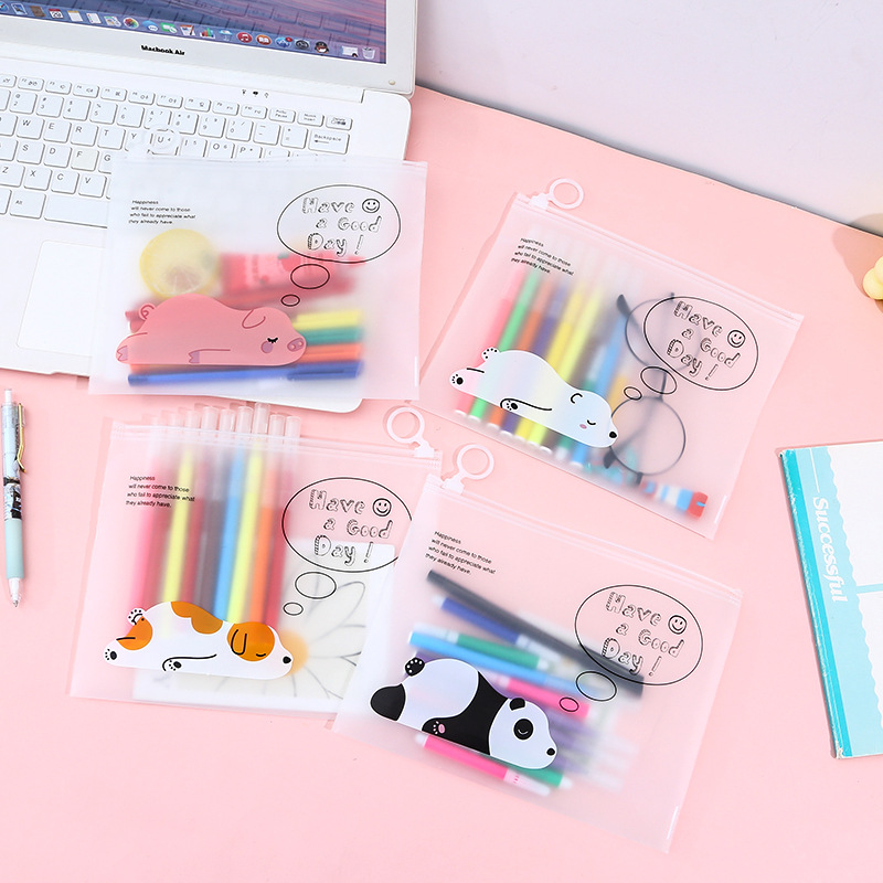 En stock al por mayor estudiante archivo de almacenamiento caja lápiz plástico transparente dibujos animados PE anillo cremallera ziplock bolso helado joyería