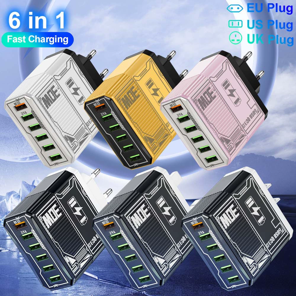6-в-1 зарядное устройство Mecha BK304, QC3.0 многопортовое USB с PD25W, варианты вилок EU/US/UK