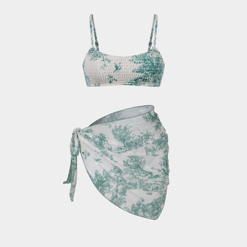 Women's Split Bikini Three-piece Swimsuit Floral Beach Wrap Set_voghion.com