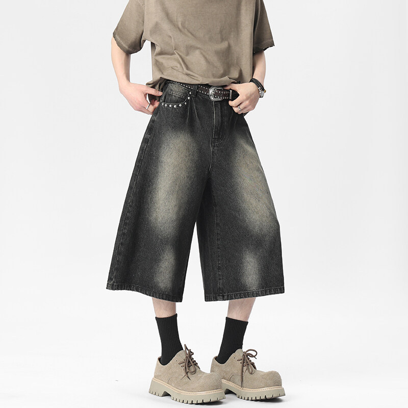 2026 Summer New Men's Jeans American High Street Style Loose Wide-Leg Cropped Pants with Unique Pocket Design and Heavy-Duty Buttoning