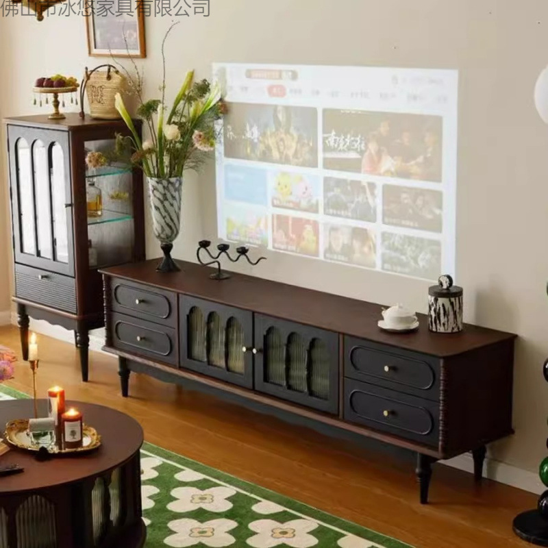 Tv Cabinet Solid Wood French Retro Style Storage Integrated Mid-Century Style High-End Nordic Tv Cabinet Coffee Table