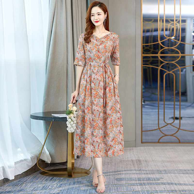 Authentic Mulberry Silk Dress for Middle-Aged Mothers 2025 New Fashion Printed Elegant Waist-Cinching Dress