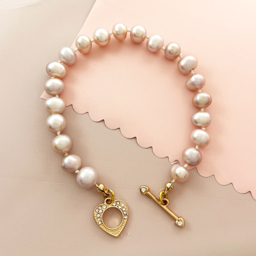 Fashionable and Luxury Natural Freshwater Pearl Bracelet Love OT Button Micro Inlaid Elegant Handmade Beaded Handicraft