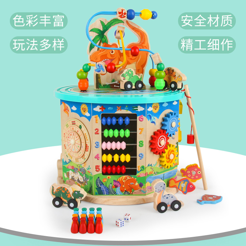 新品木制八面多功能繞珠百寶箱恐龍場景大繞珠兒童早教益智玩具