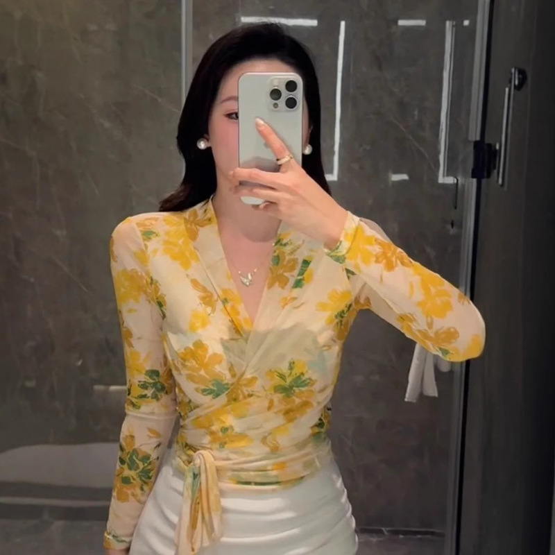 New Chinese Style Sexy Hottie Cross Strap T-Shirt Women's Spring & Fall Mesh Slightly See-Through Long-Sleeved One-Piece Top