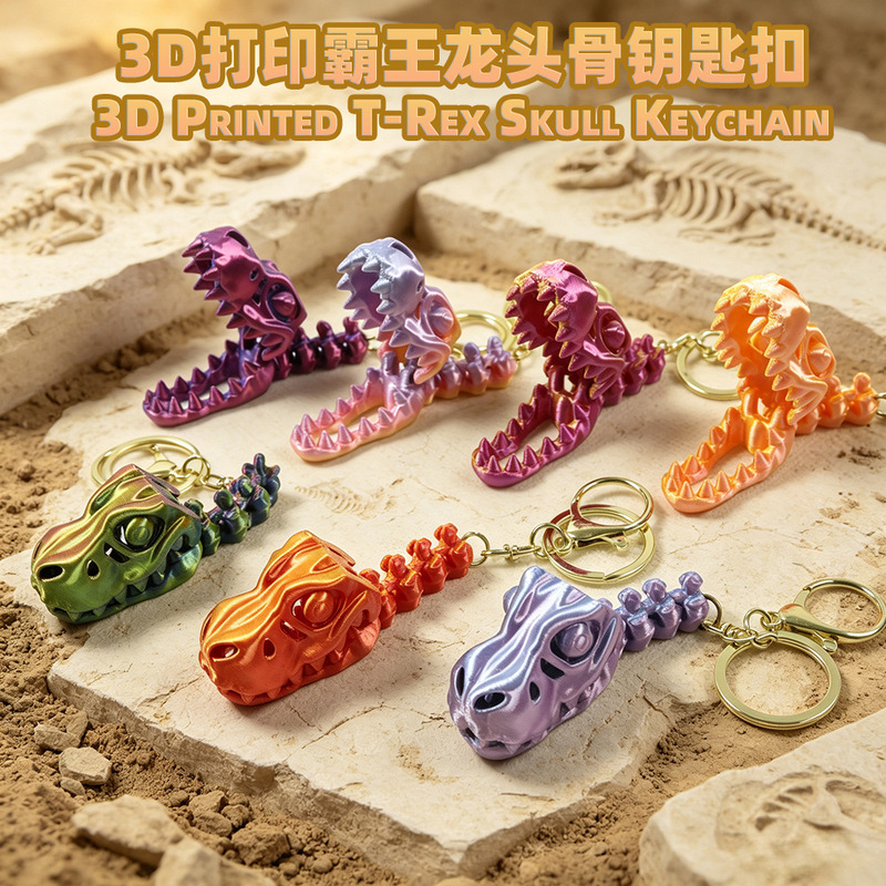 3D Printed Tyrannosaurus Rex Skull Keychain with Movable Joints, Creative Cross-Border Wholesale Cartoon Dinosaur Skull Keychain
