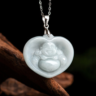 Natural Burmese a Goods Jade Love Buddha Heart Buddha Pendant S925 Silver Buckle Ice Jade Pendant for Men and Women