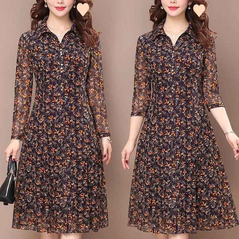 连衣裙女中长款2025春季新款洋气妈妈装显瘦衬衣领碎花过膝长裙子