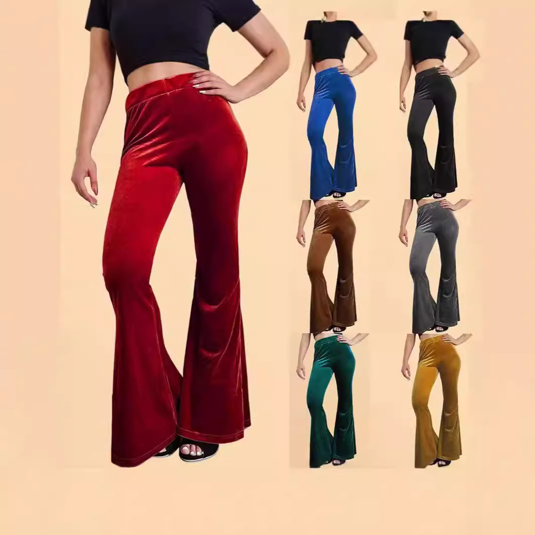 欧美亚马逊跨境秋冬新款天鹅绒喇叭裤松紧弹性高腰喇叭裤休闲长裤