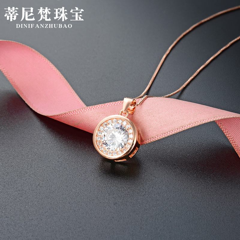 Estilo japonés y coreano de moda simple geométrica redonda clavícula cadena collar s925 plata esterlina con incrustaciones ZIRCON oro rosa colgante para las mujeres